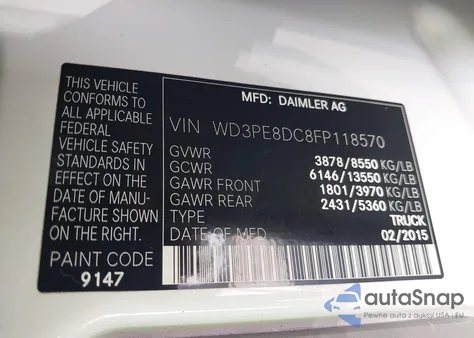 2015 Mercedes-Benz Sprinter 2500 High Roof z USA, uszkodzony, nr VIN WD3PE8DC8FP118570